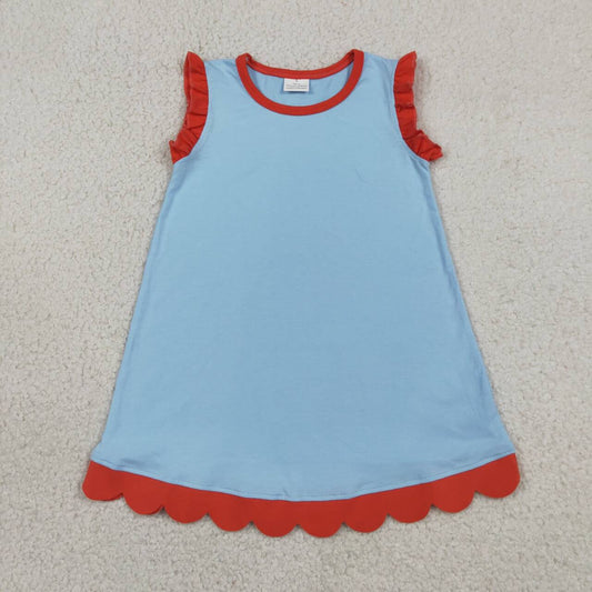 GSD4054 Blue Cotton Red Scallop Edge Toddler Girls Summer Dress