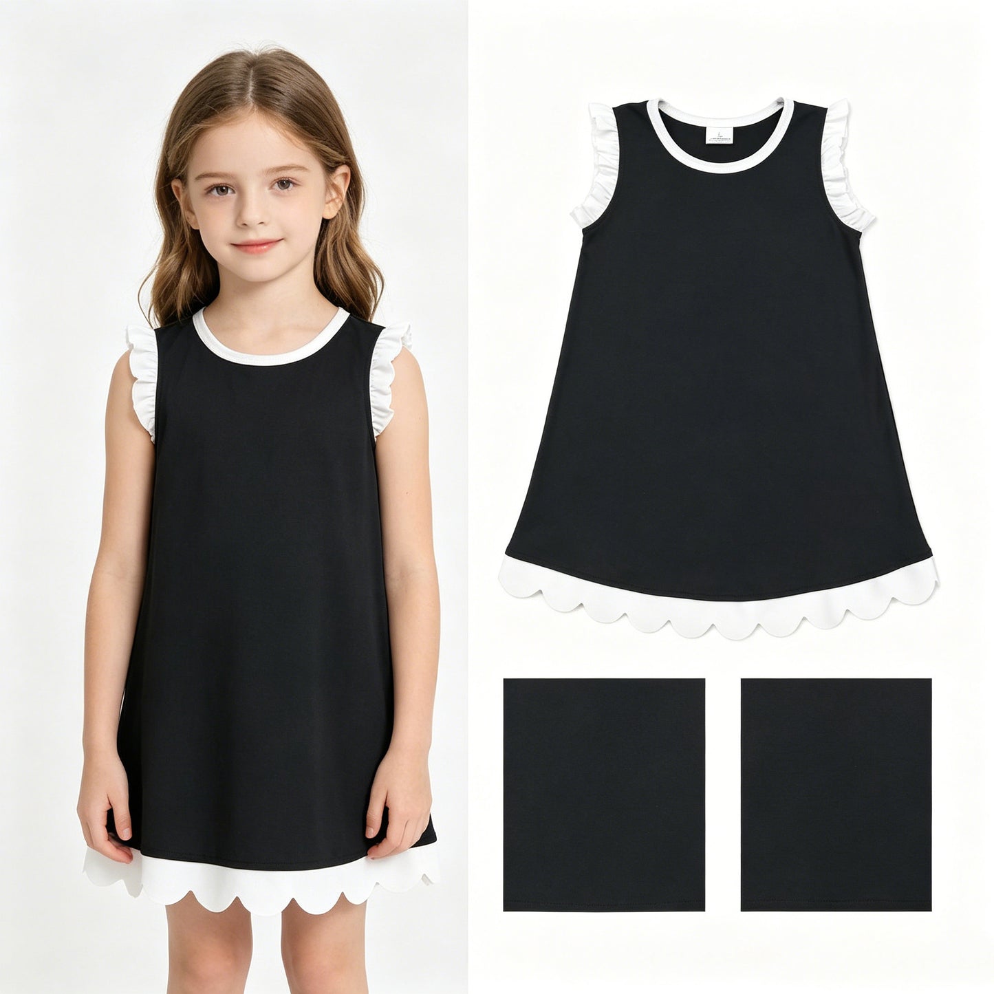 Toddler Black Cotton Scalloped Edge Ruffle Girls Summer Dress