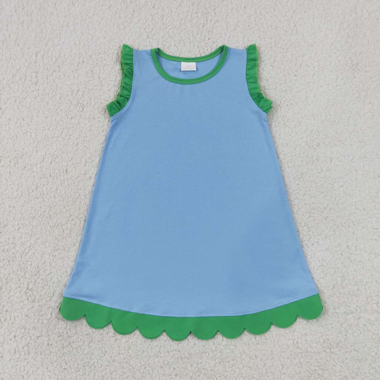 GSD4060 Blue Cotton Green Scalloped Edge Ruffle Girls Summer Dress