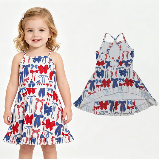 GSD4064 Red Blue Bows Strap Ruffle Baby Girls 4th of July Yoga Dresses