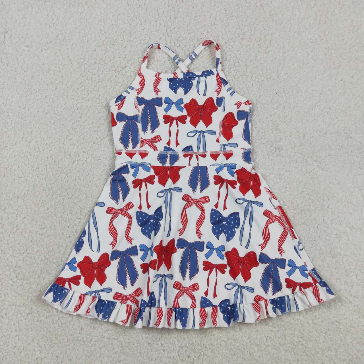 GSD4064 Red Blue Bows Strap Ruffle Baby Girls 4th of July Yoga Dresses