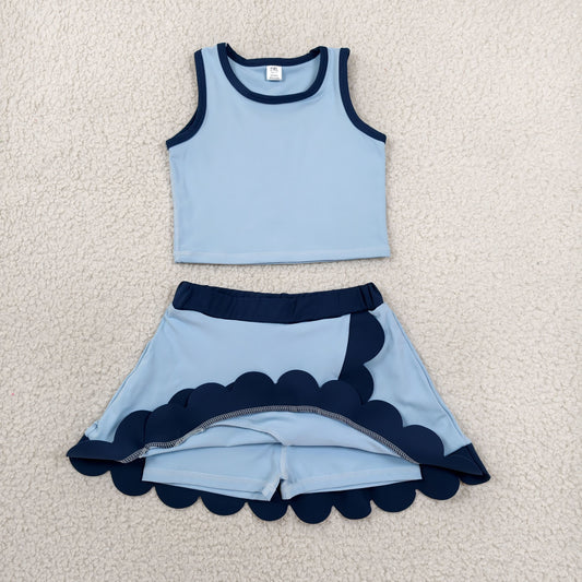 GSD4082 Blue Sleeveless Tank Top Navy Scallop Edge Skort Girls Summer Yoga Clothes Set