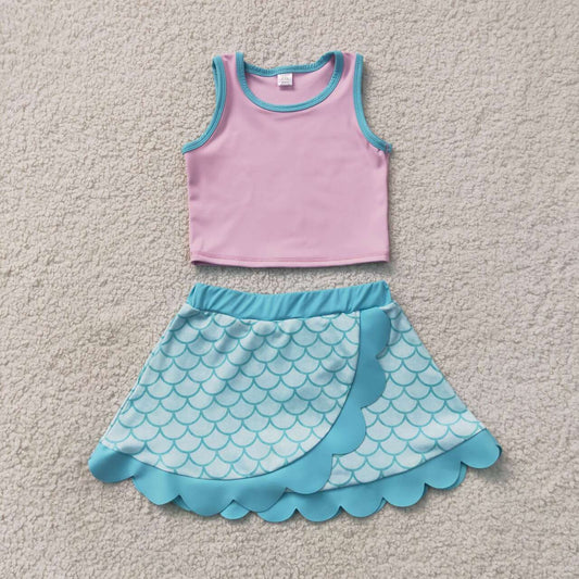 GSD4083 Pink Sleeveless Tank Top Scales Scallop Skort Girls Summer Yoga Clothes Set