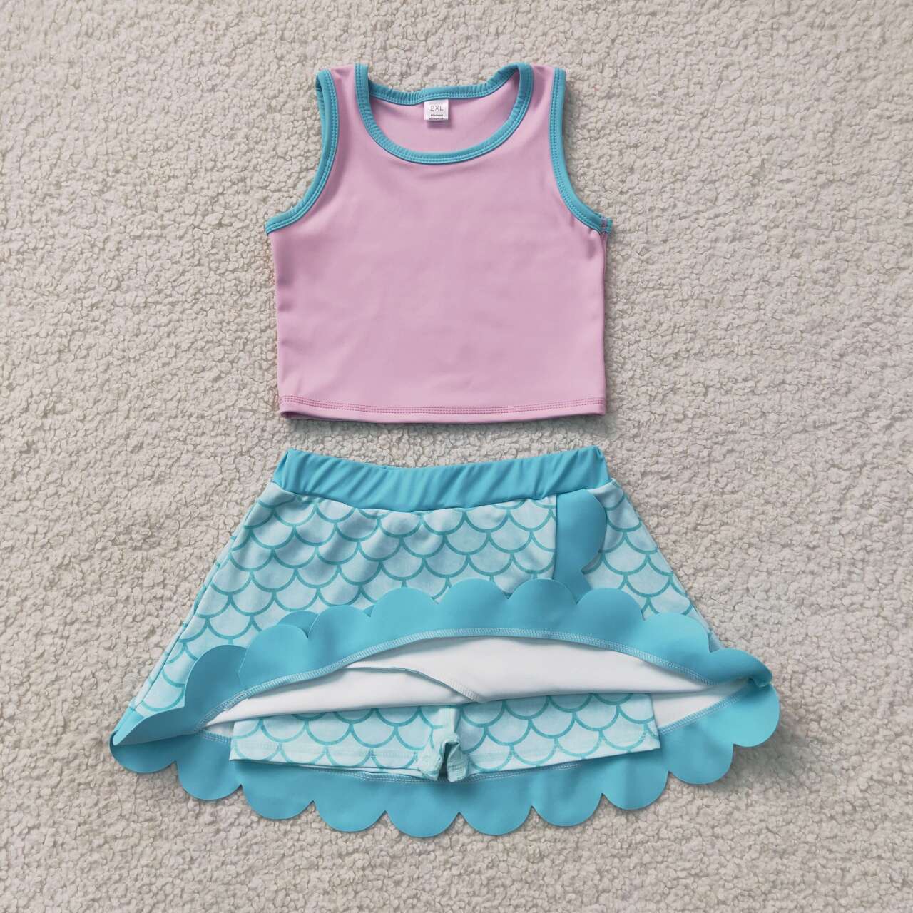 GSD4083 Pink Sleeveless Tank Top Scales Scallop Skort Girls Summer Yoga Clothes Set