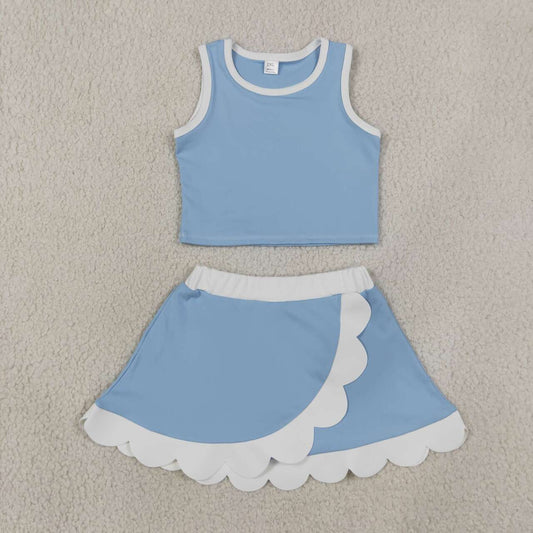 GSD4084 Blue Tank Top White Scallop Edge Skort Girls Active Clothes Yoga Outfits