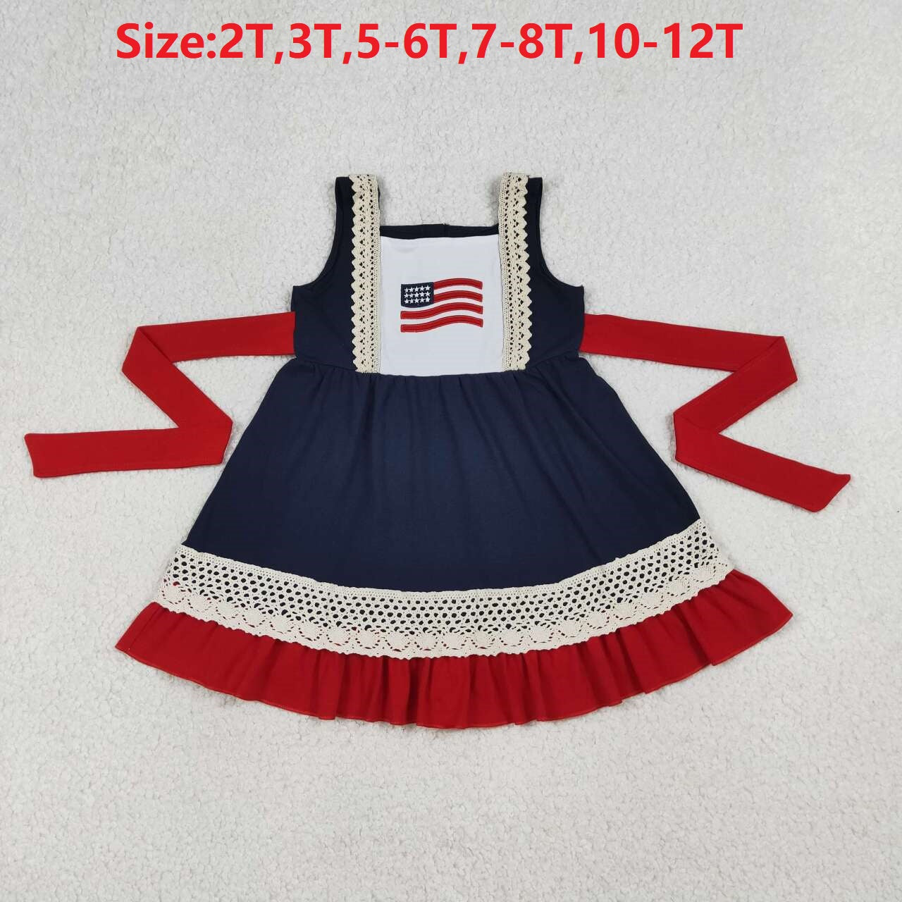(Promotion)GSD4087 Toddler Girls Flag Embroidery Navy 4th of July Ruffles Dress