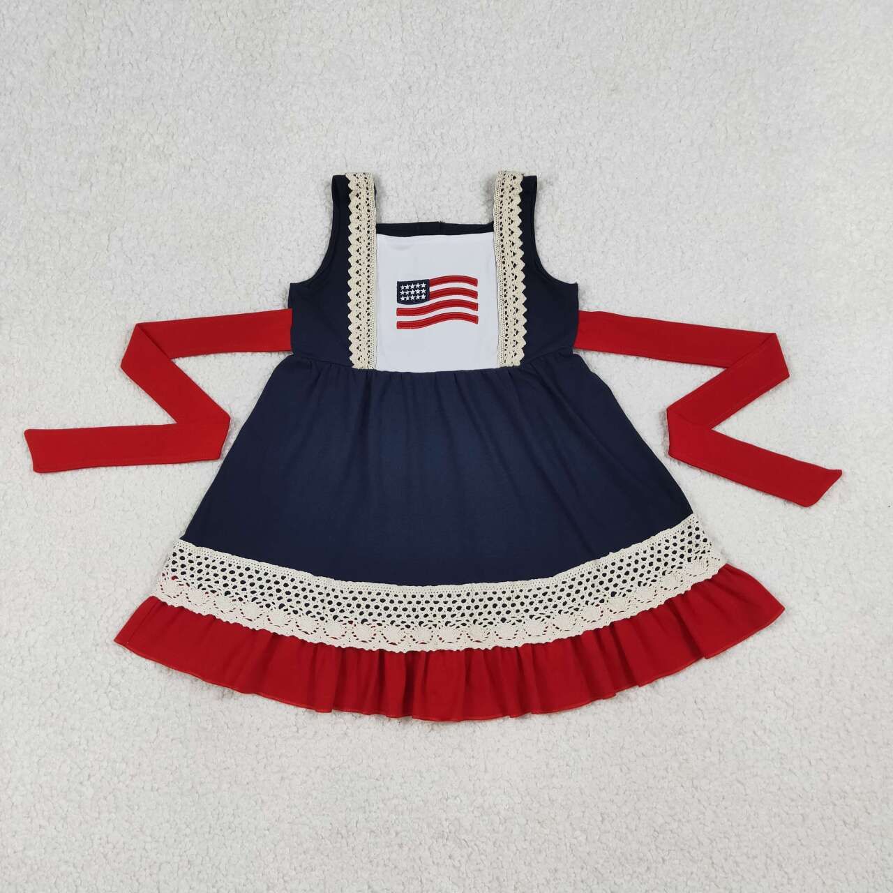(Promotion)GSD4087 Toddler Girls Flag Embroidery Navy 4th of July Ruffles Dress
