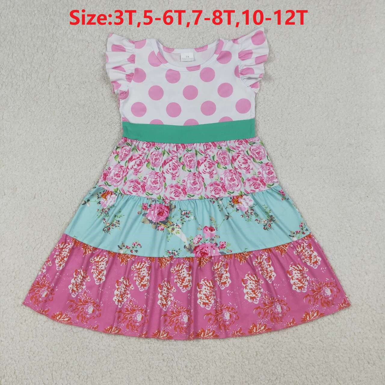 (Promotion) Toddler GIrls Vintage Floral Pink Polka Dot Flutter Sleeve Dress