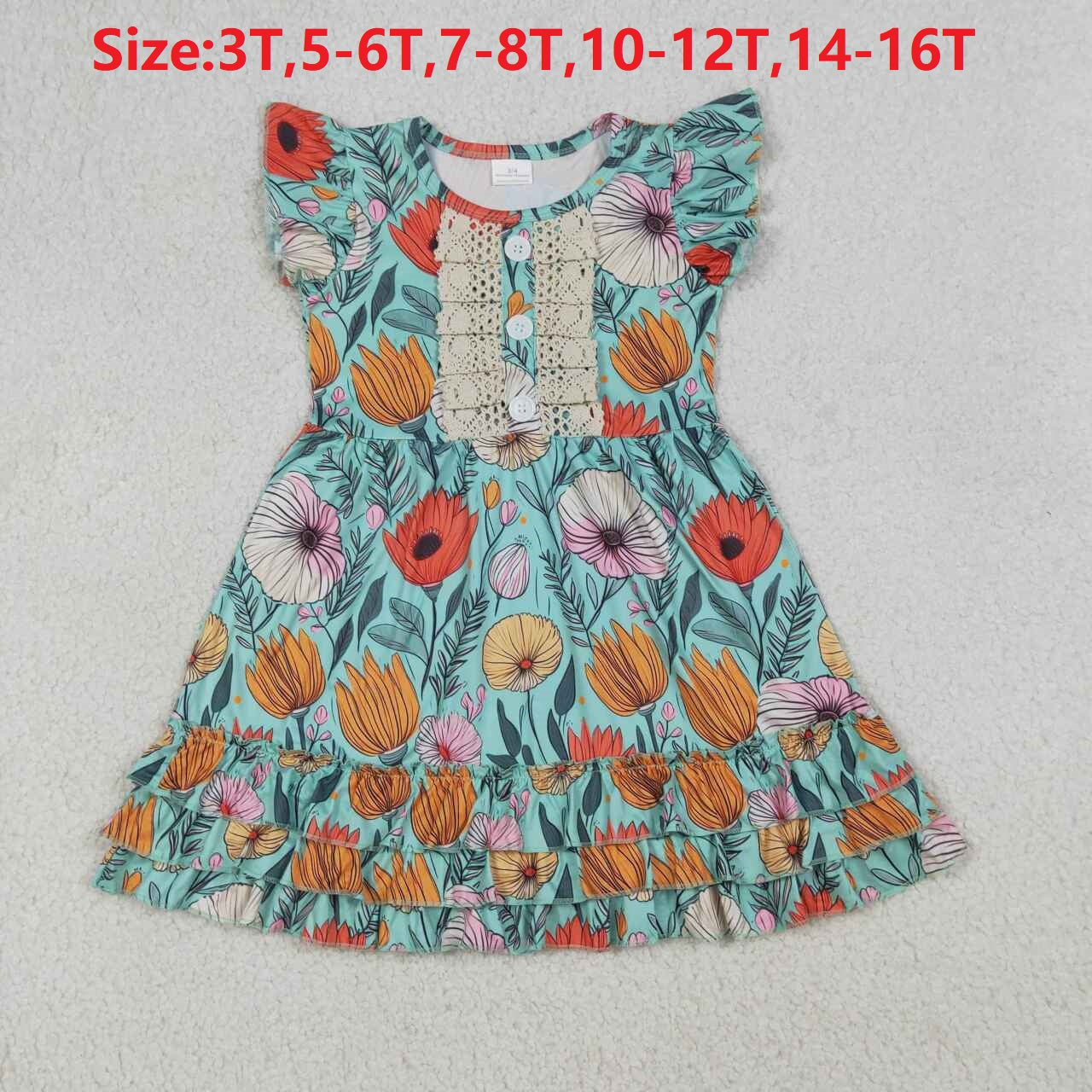 (Promotion)GSD4093 Flowers Girls Flutter Sleeve Ruffles Dress
