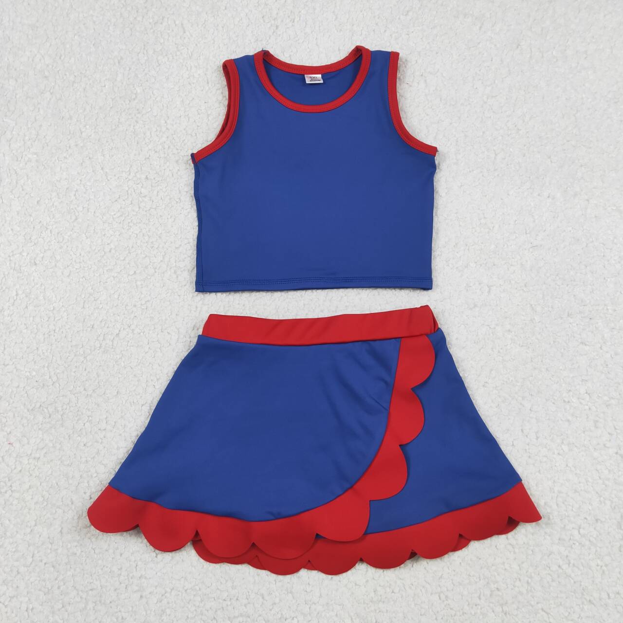 GSD4096 Blue Tank Top Red Edge Scallop Skort Girls Summer Yoga Clothes Set