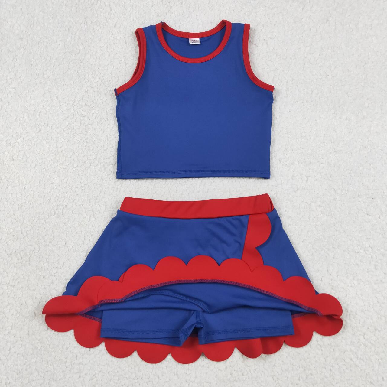 GSD4096 Blue Tank Top Red Edge Scallop Skort Girls Summer Yoga Clothes Set
