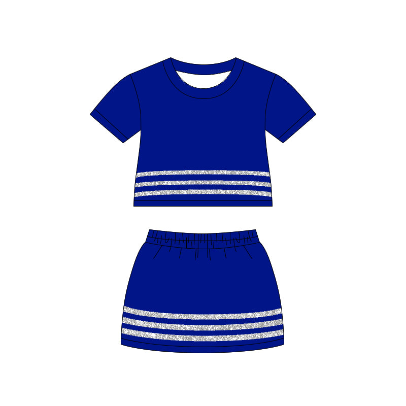 Girls Royal Blue Cheerleading Outfit with Silver Glitter Stripes, Kids Cheer Practice Skirt Set