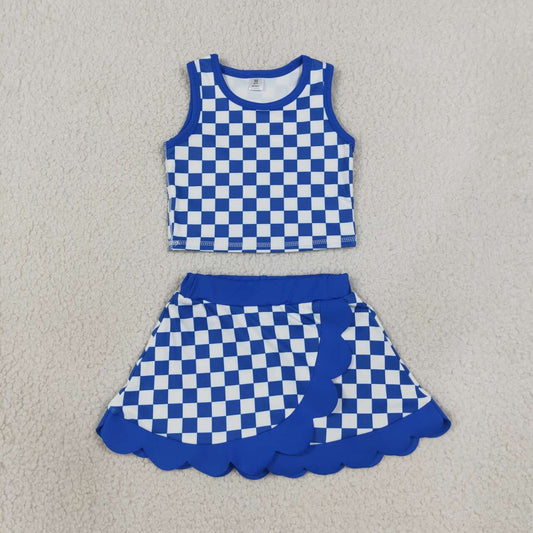 GSD4110 Blue Checkered Tank TopScallop Edge Skort Girls Active Clothes Yoga Outfits