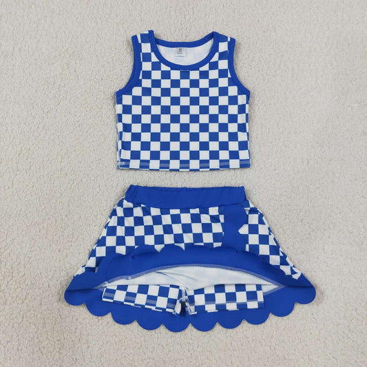 GSD4110 Blue Checkered Tank TopScallop Edge Skort Girls Active Clothes Yoga Outfits