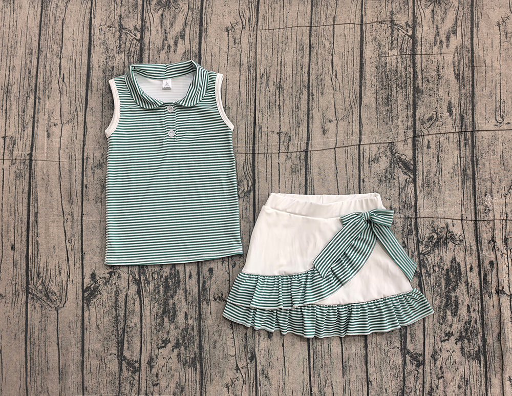 GSD4121 Preorder Green Stripes Sleeveless Top Ruffle Skort Baby Girls Yoga Clothes Set