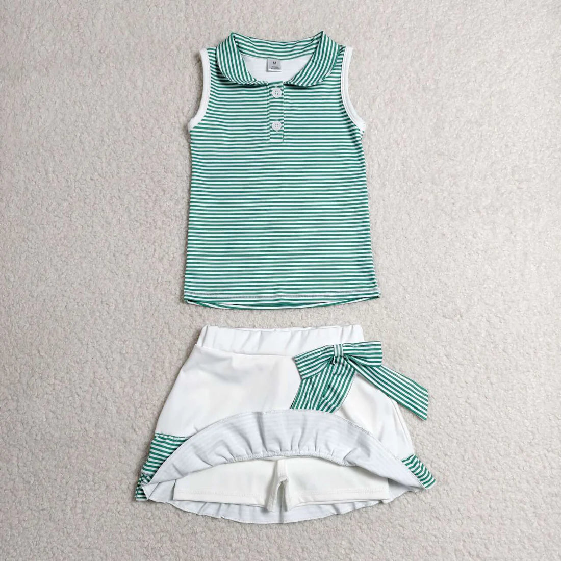 3 Colors Stripes Button Polo Top Ruffle Skort Girls Summer Active Clothes Set Sisters Yoga Sports Wear