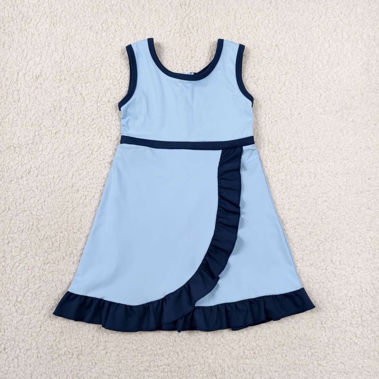 GSD4126 Blue & Navy Girls Sleeveless Ruffle Yoga Zipper Dress