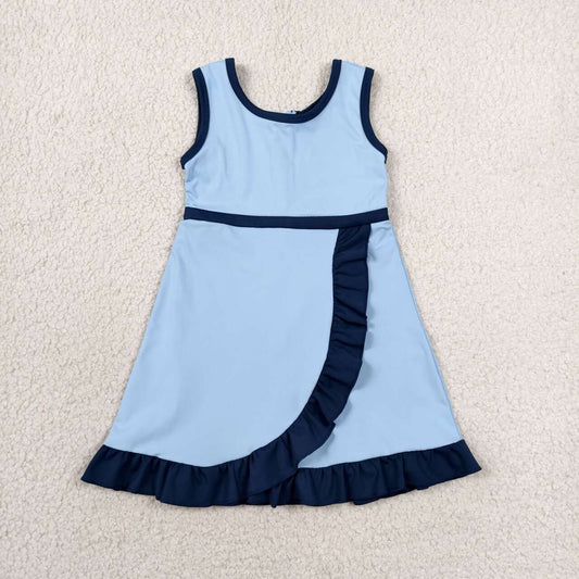 GSD4126 Blue & Navy Girls Sleeveless Ruffle Yoga Zipper Dress