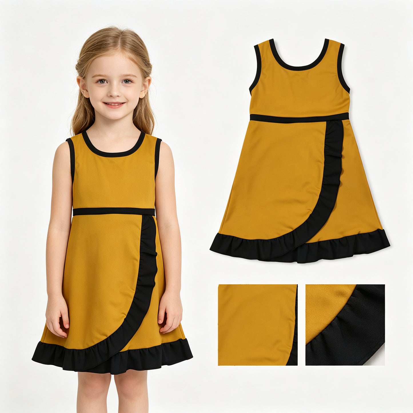 GSD4134 Mustard & Black Girls Sleeveless Ruffle Zipper Yoga Dress