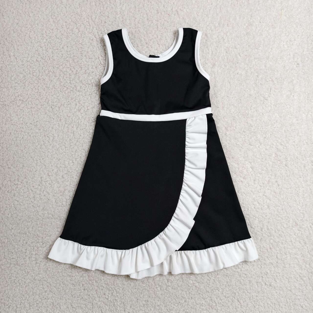 GSD4140 Black & White Girls Sleeveless Ruffle Yoga Zipper Dress