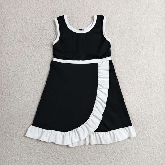GSD4140 Black & White Girls Sleeveless Ruffle Yoga Zipper Dress
