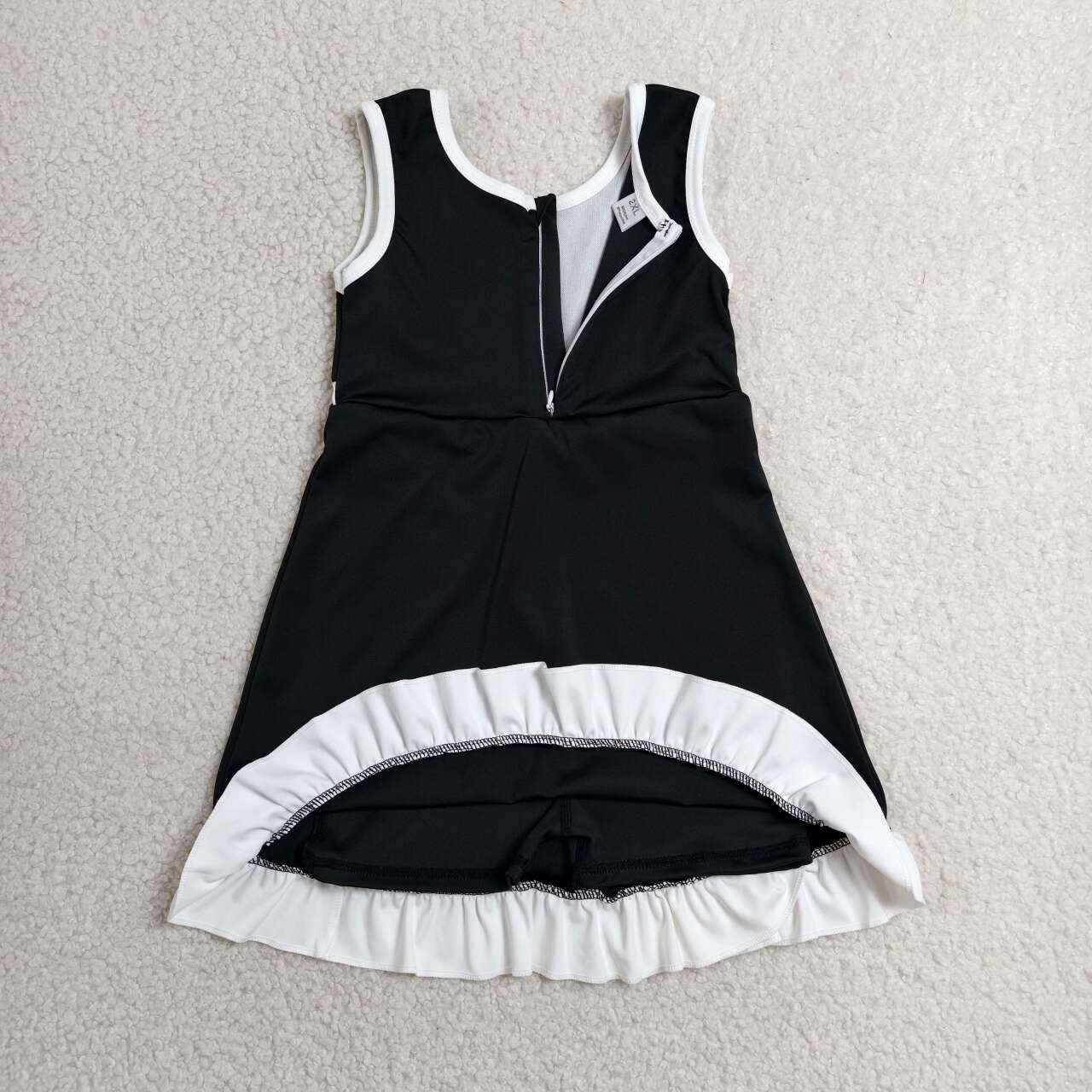 GSD4140 Black & White Girls Sleeveless Ruffle Yoga Zipper Dress