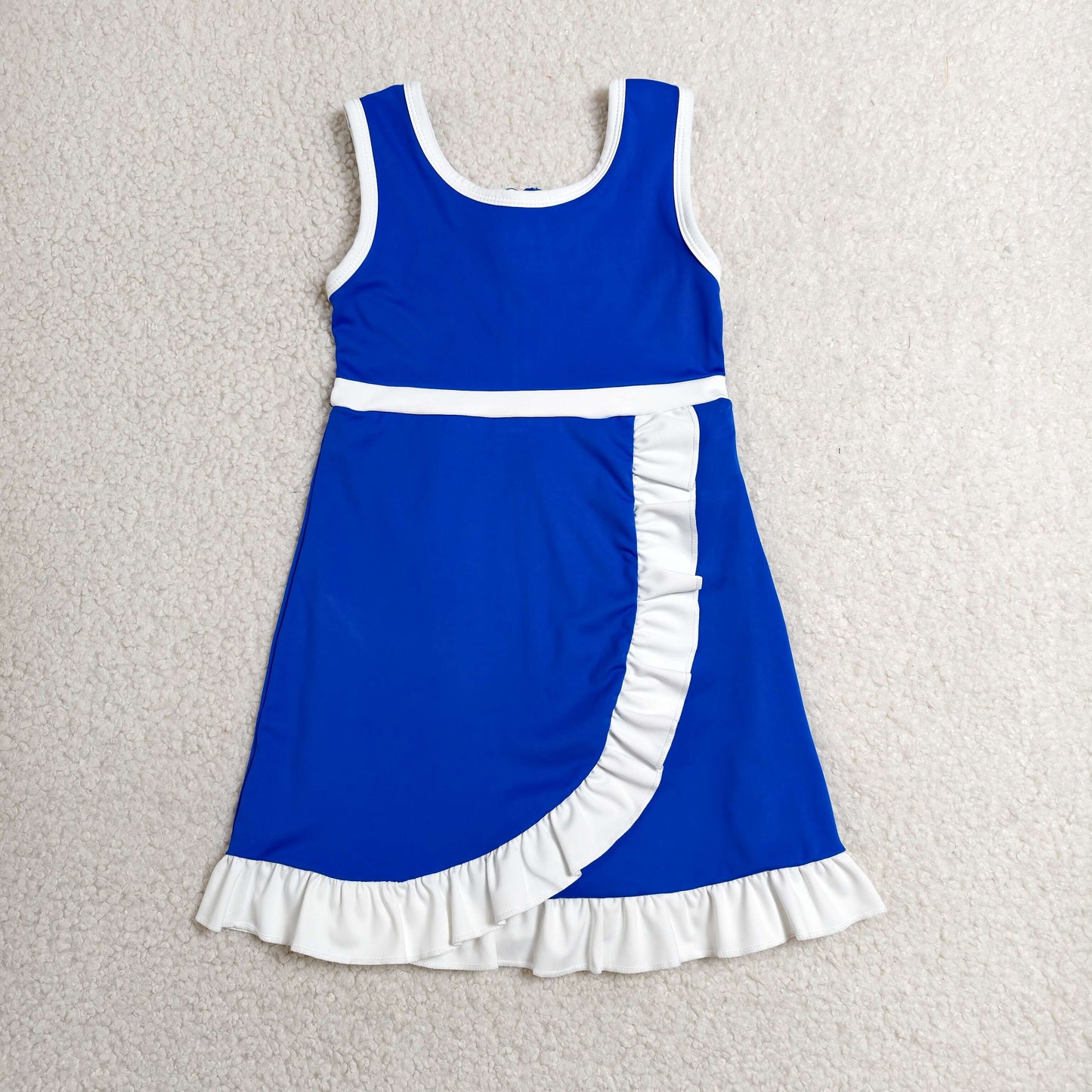 GSD4141 Blue & White Girls Sleeveless Ruffle Yoga Zipper Dress
