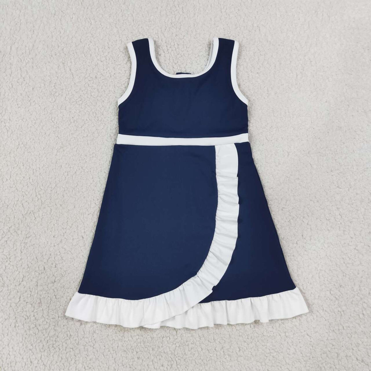 GSD4145 Navy & White Girls Sleeveless Ruffle Zipper Yoga Dress