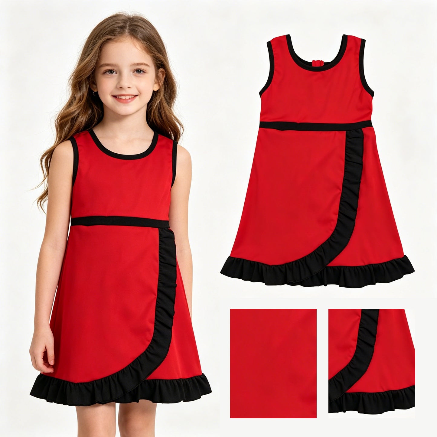 GSD4146 Red & Black Girls Sleeveless Ruffle Yoga Zipper Dress