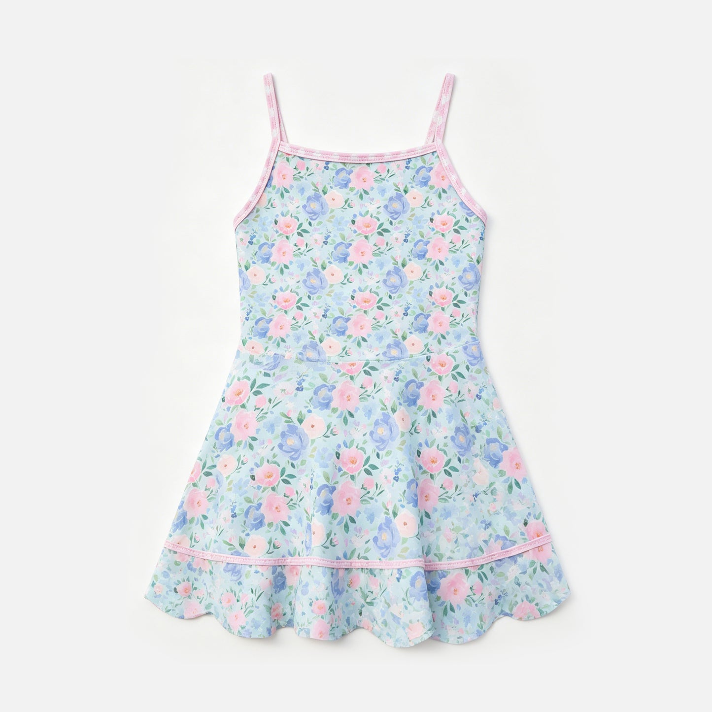 4.27GSD4154 Pink Blue Flowers Baby Girls Strap Scallop Knee Length Dress Preorder