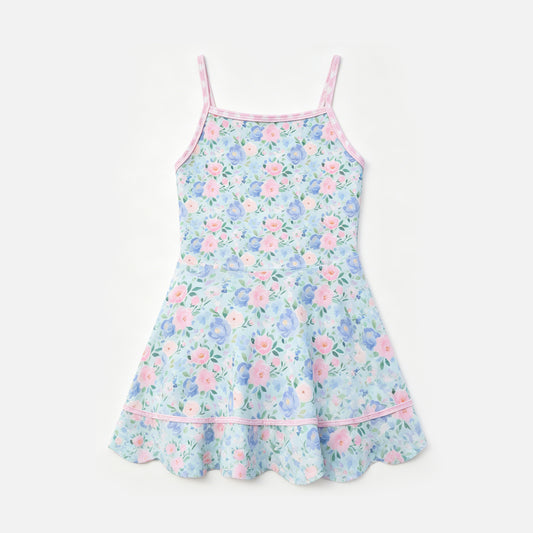 4.27GSD4154 Pink Blue Flowers Baby Girls Strap Scallop Knee Length Dress Preorder