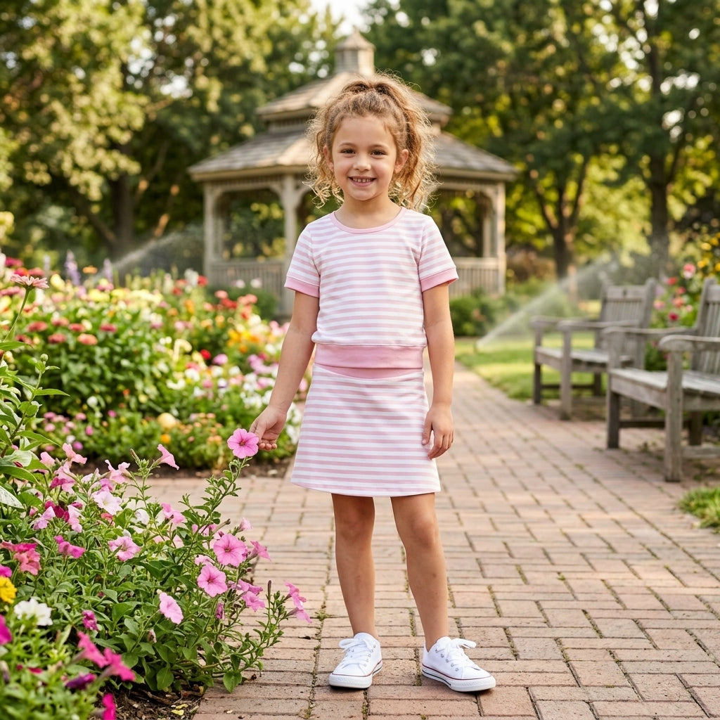GSD4159 Pink Stripes Print Active Outfit Short Sleeve & Skort Girls Yoga Clothes Set