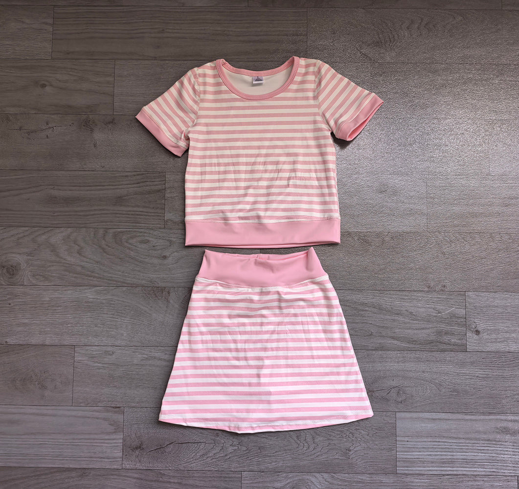 GSD4159 Kids Girtls Pink Stiped Active Outfit Short Sleeve & Skort  Preorder
