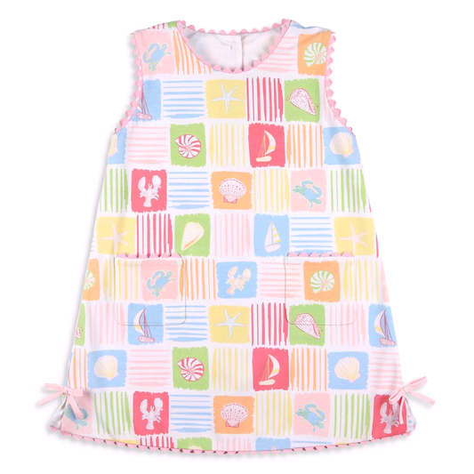 4.29 Girls Coastal Print Sleeveless Dress - Seaside Shell & Crab A-Line Dress with Pockets Preorder