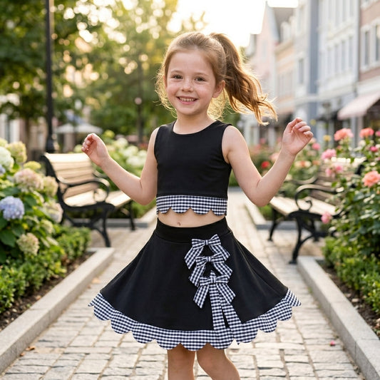 GSD4176 Black Checkered Bows Girls Summer Scallop Yoga Clothes Set