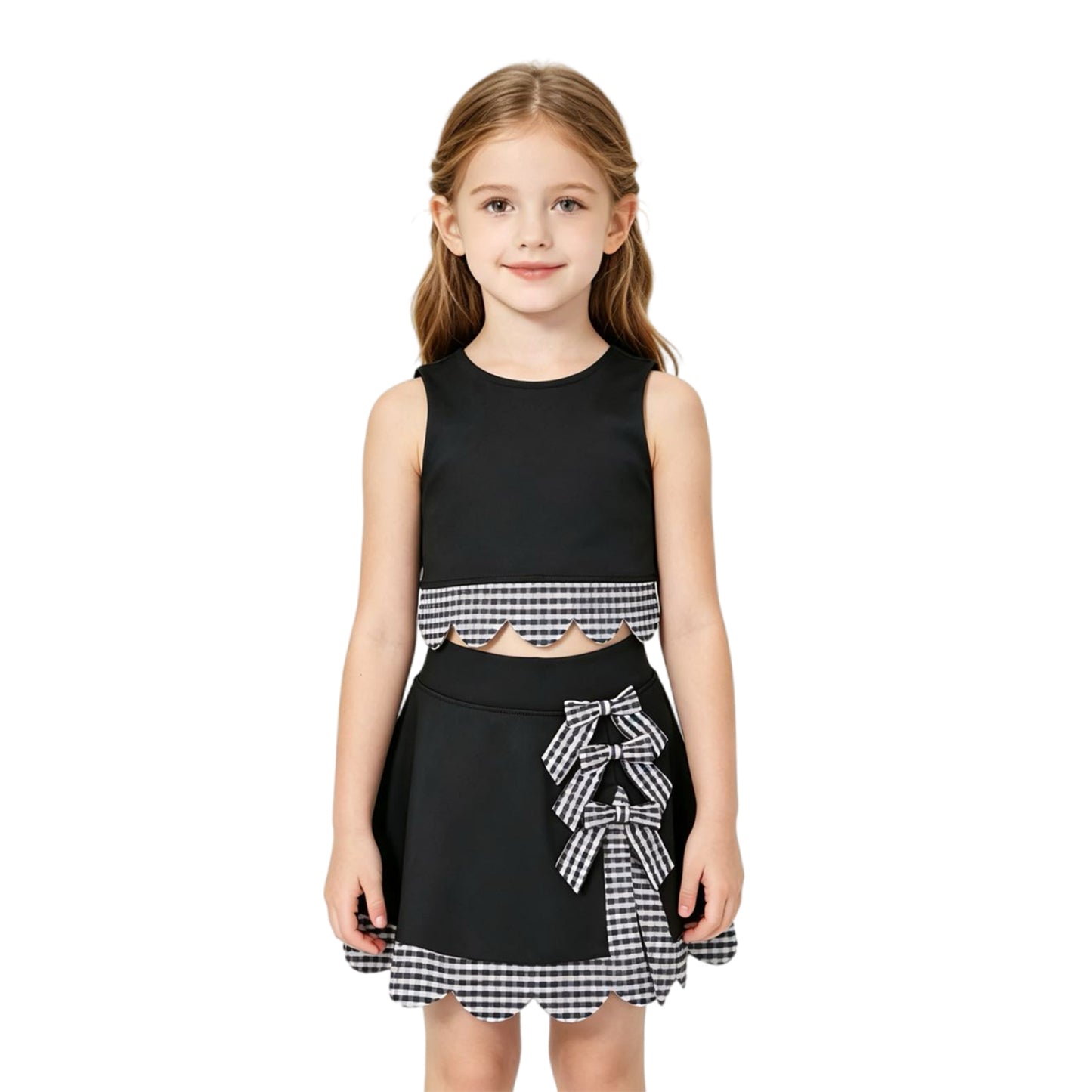 GSD4176 Black Checkered Bows Girls Summer Scallop Yoga Clothes Set