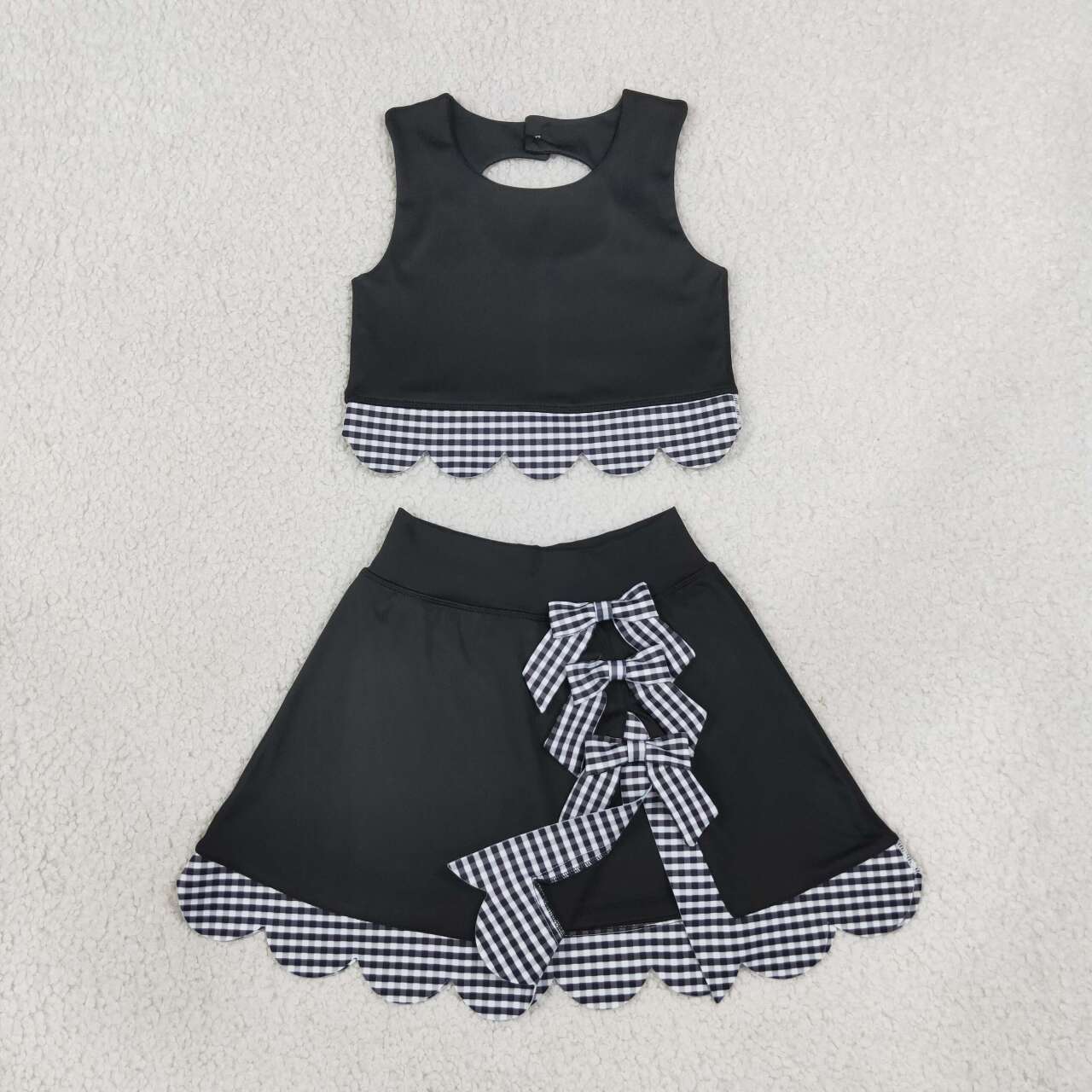 GSD4176 Black Checkered Bows Girls Summer Scallop Yoga Clothes Set