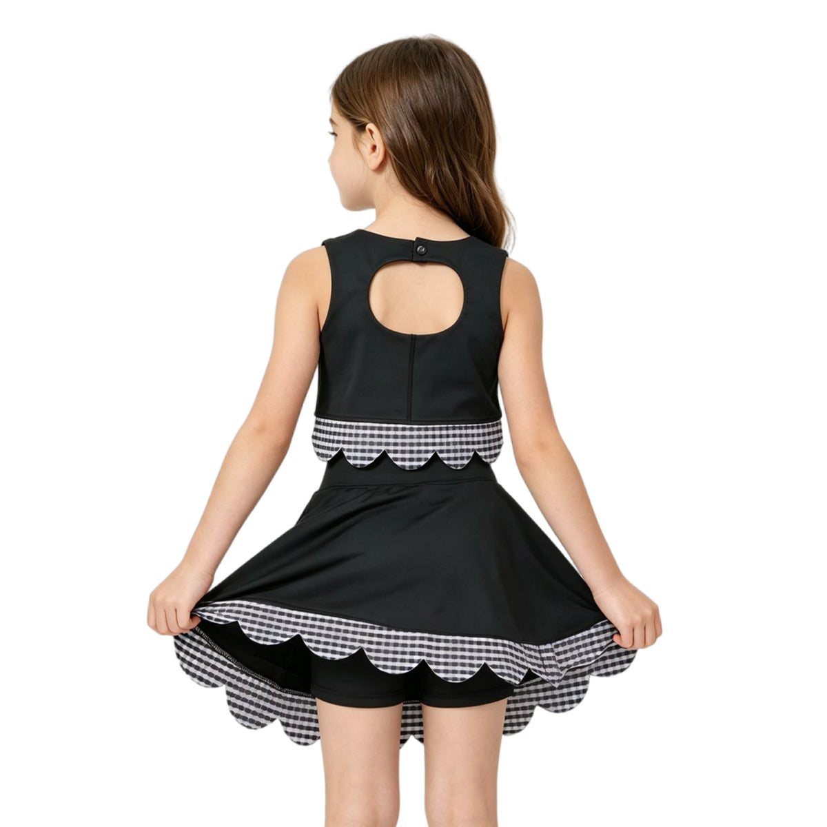 GSD4176 Black Checkered Bows Girls Summer Scallop Yoga Clothes Set