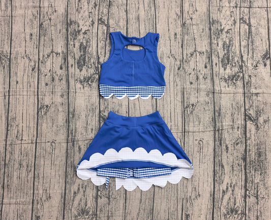 4.30 GSD4177 Preorder Blue Plaid Bows Girls Summer Scallop Yoga Clothes Set