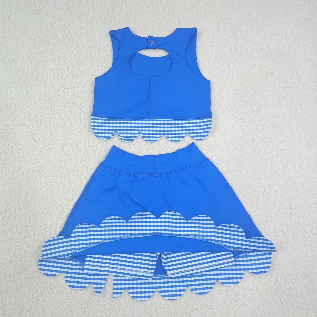GSD4177 Blue Checkered Bows Girls Summer Scallop Yoga Clothes Set