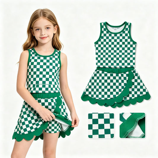 GSD4178 Green Checkerd Sleeveless Tank Top Scallop Skort Girls Yoga Clothes Set