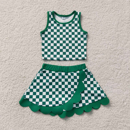 GSD4178 Green Checkerd Sleeveless Tank Top Scallop Skort Girls Yoga Clothes Set