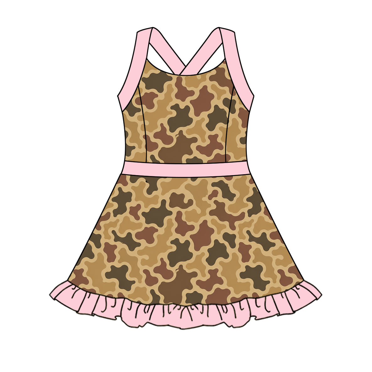 5.1 Kdis Girls Browm Camo Strap Active Dress with Pink Ruffle Preorder
