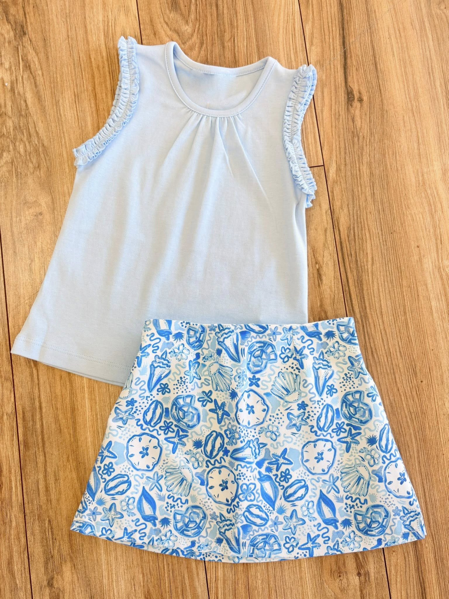 5.9 Preorder GSD4215 White Sleeveless Top Shell Blue Skirts Girls Summer Yoga Clothes Set