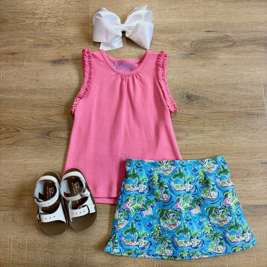5.9 Preorder GSD4216 Hot Pink Sleeveless Top Tropical Island Skirts Girls Summer Yoga Clothes Set