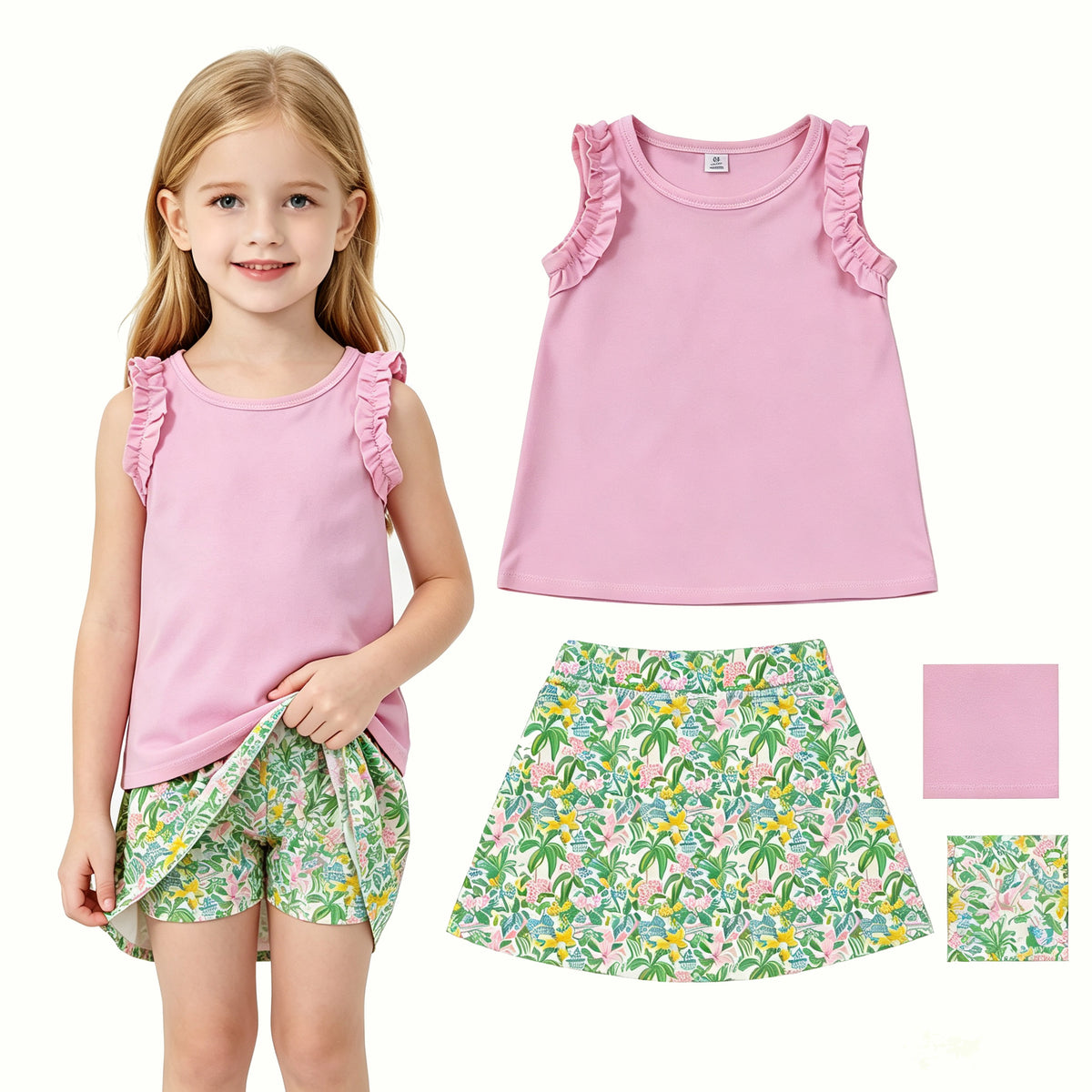 GSD4217 Pink Sleeveless Top Floral House Active Skort Girls Summer Clothes Set