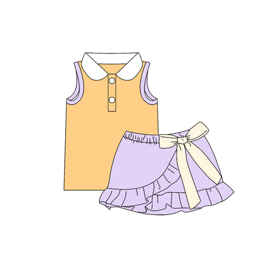5.9 Girls Orange & Lavender Peter Pan Collar Set - Sleeveless Top & Bow Ruffle Skort