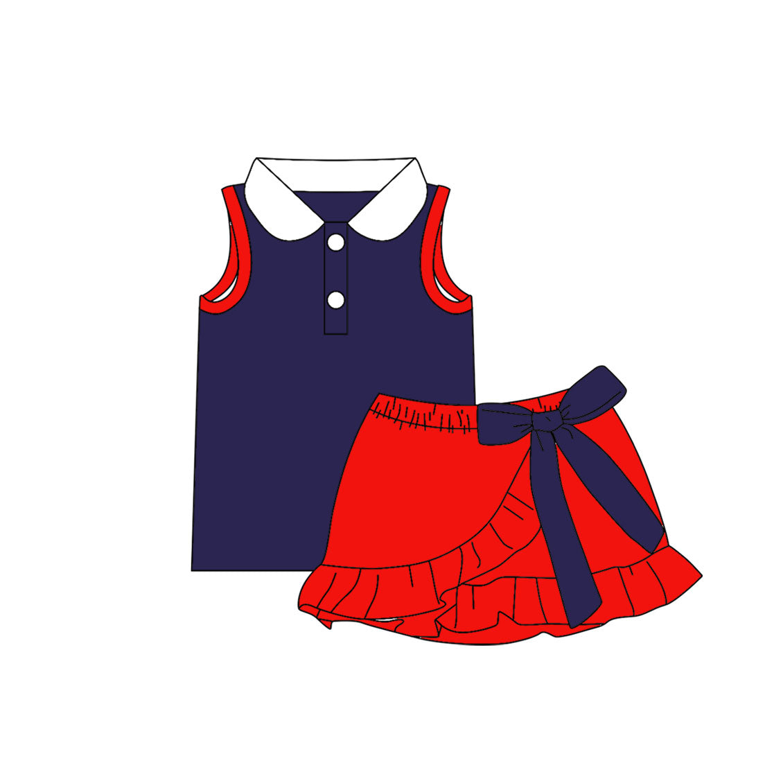 5.9 Girls Navy & Red Peter Pan Collar Set - Sleeveless Top & Bow Ruffle Skort