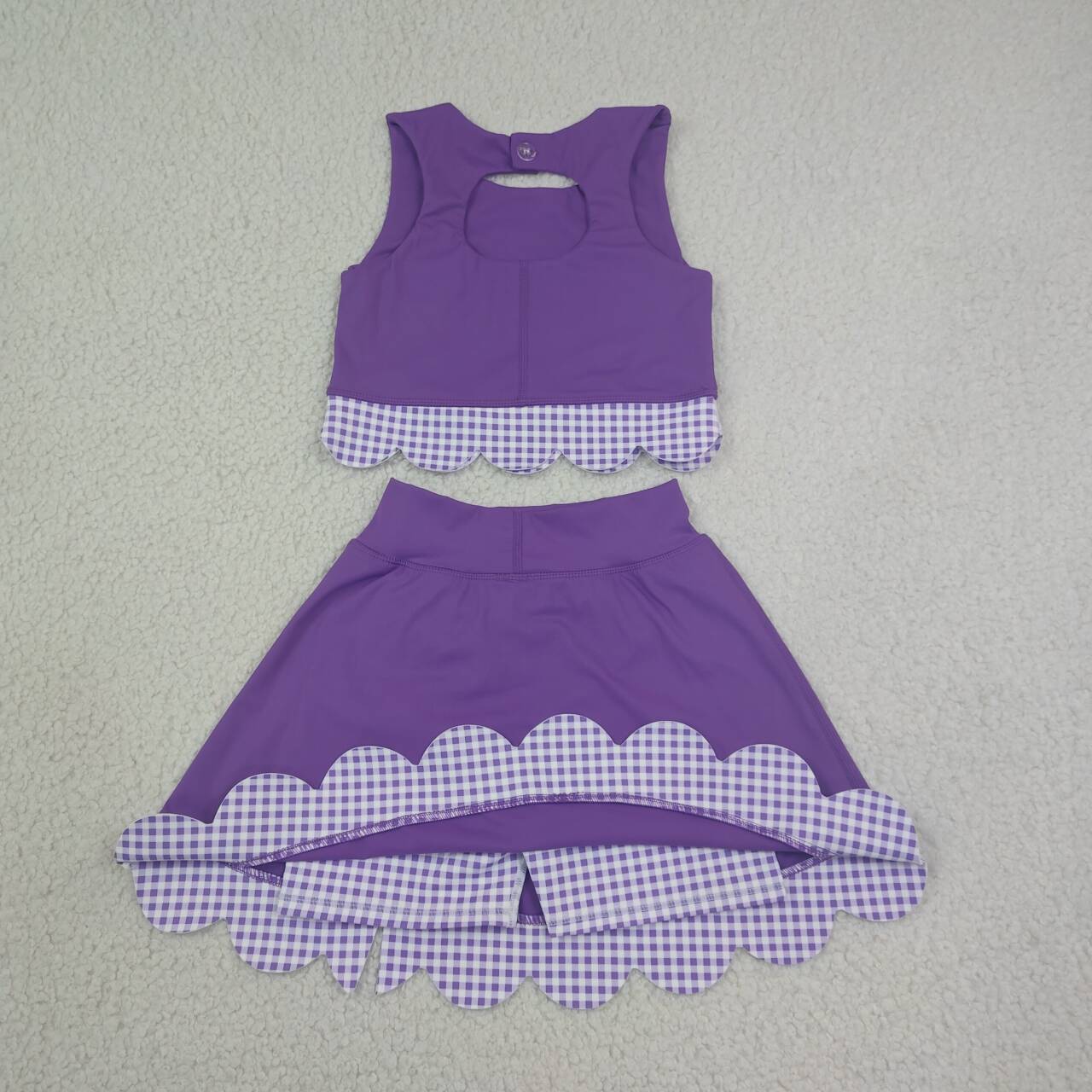 GSD4225 Purple Checkered Bows Girls Summer Scallop Yoga Clothes Set