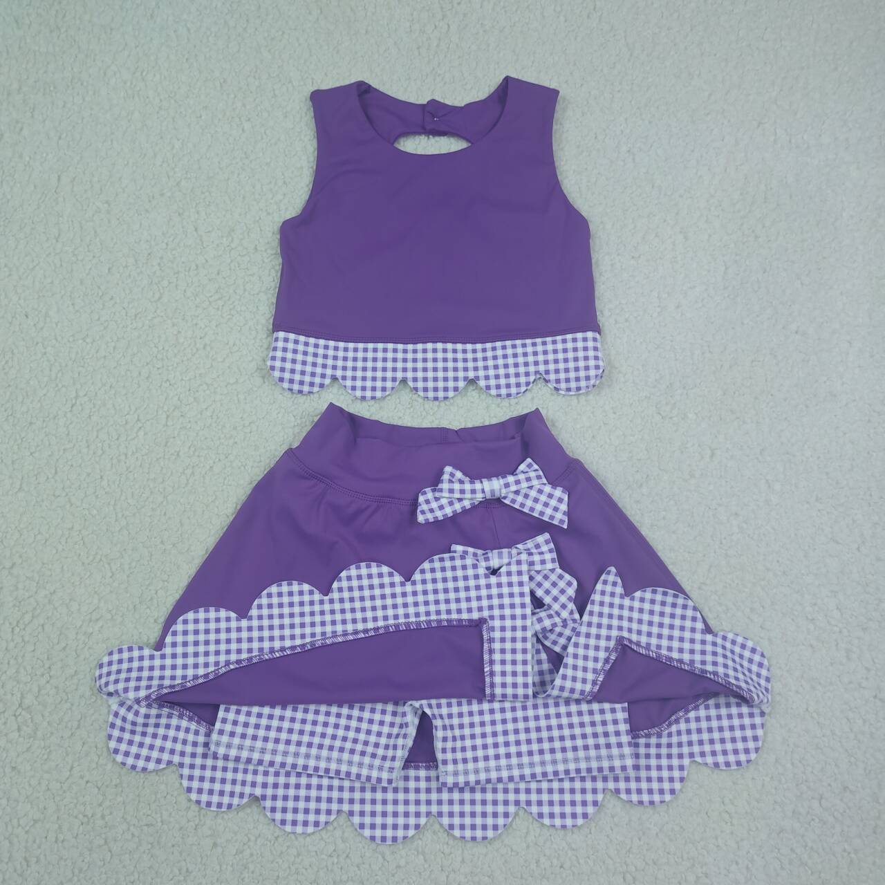 GSD4225 Purple Checkered Bows Girls Summer Scallop Yoga Clothes Set